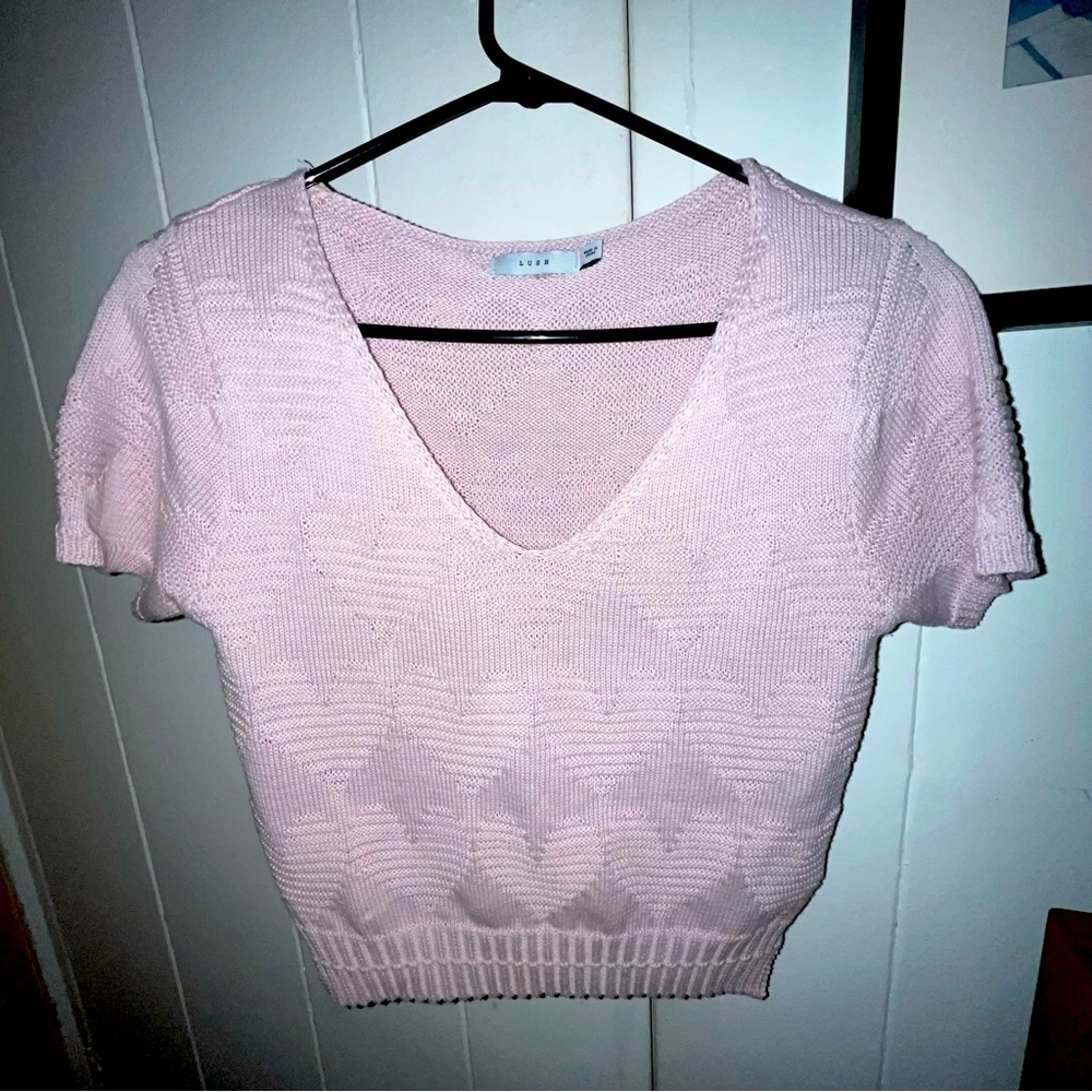 Lush Small Heather Pink Short Sleeve V-Neck Sweater w/ Heart Knit